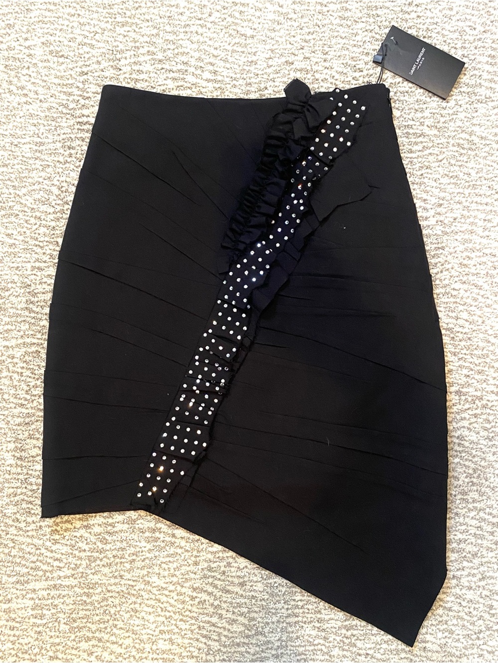 Saint Laurent Paris Black Asymmetrical Mini Skirt Crystal Ruffle Trim EU 38 US 6 - Picture 2 of 16